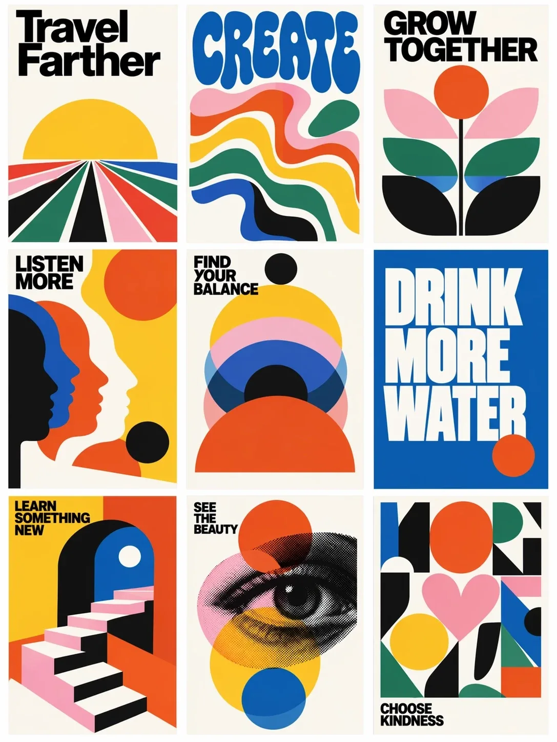 Negen posters in mid-century-stijl, gemaakt met ChatGPT Images 2.5