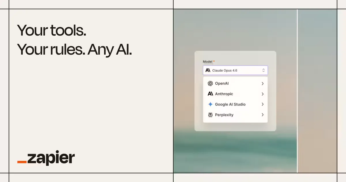 Het keuzemenu in Zapier waarmee je een AI-model kiest van onder meer OpenAI, Anthropic, Google AI Studio en Perplexity