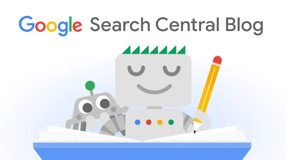 Het logo van de Google Search Central Blog met een tekenfiguurtje dat met een potlood in een boek schrijft