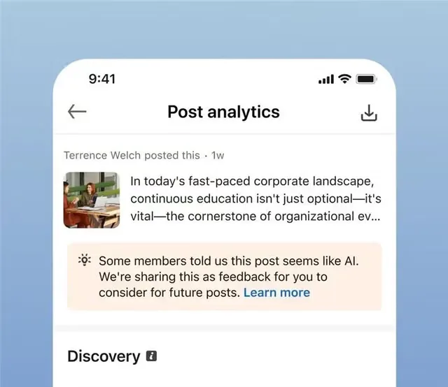 Melding in de Post-analyse van LinkedIn dat leden een bericht lijken te vinden op AI-tekst