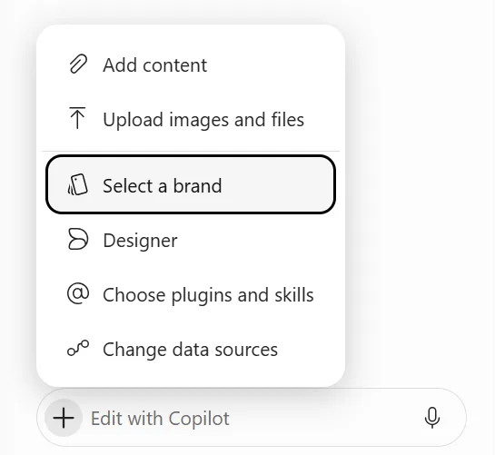 Copilot in PowerPoint met de keuze voor een huisstijl via Select brand