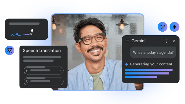 Google-afbeelding van Meet met een venster Speech translation naast een Gemini-paneel