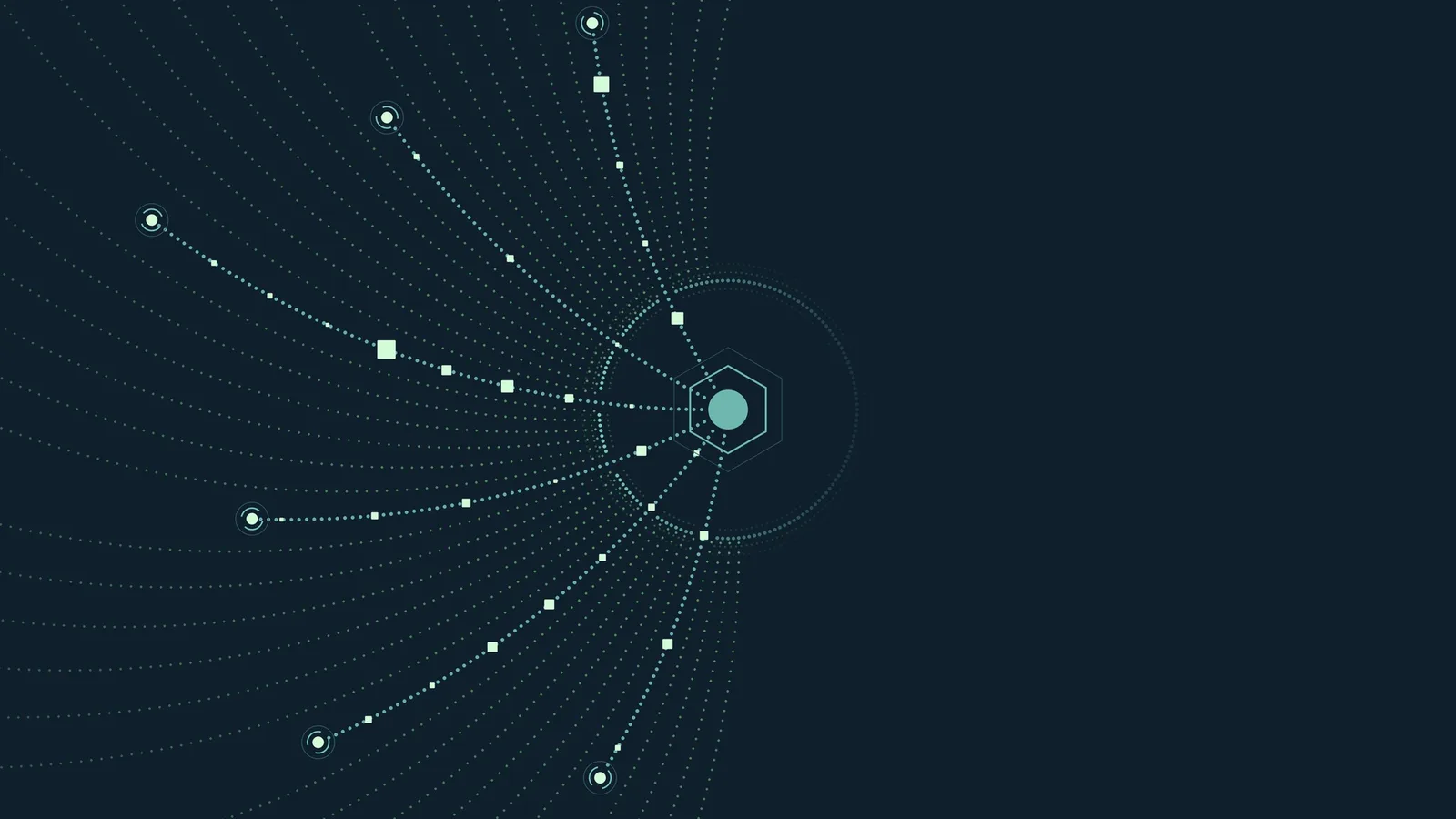 Abstracte netwerkafbeelding met stippellijnen die samenkomen in een turquoise cirkel