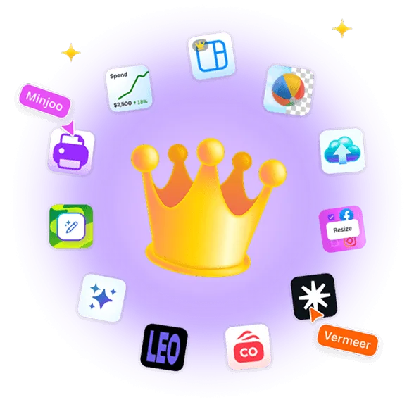 Grafische afbeelding van Canva Business met een kroon omringd door app-pictogrammen