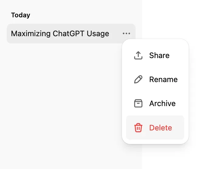 Het chatmenu in ChatGPT met de acties Archiveren en Verwijderen
