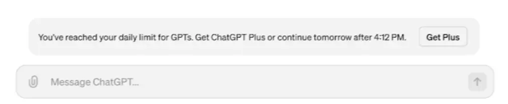 ChatGPT meldt dat de dagelijkse limiet voor GPT's is bereikt in de gratis versie, met een knop om Plus te nemen