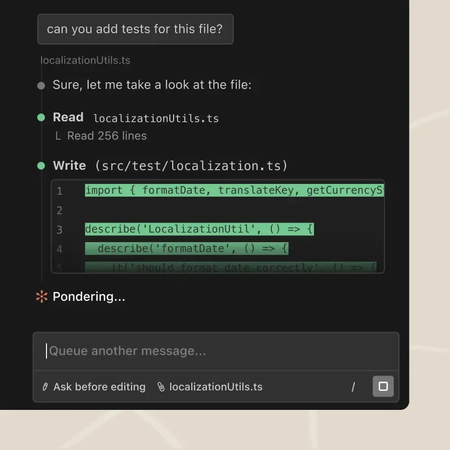 Claude Code in de terminal: de agent leest een bestand en schrijft tests