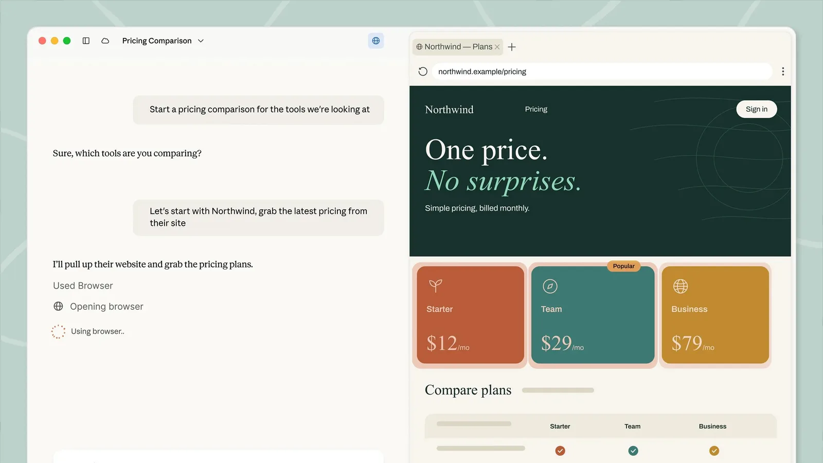 Claude voert in de desktop-app een taak uit in de ingebouwde browser en haalt prijzen van een website op