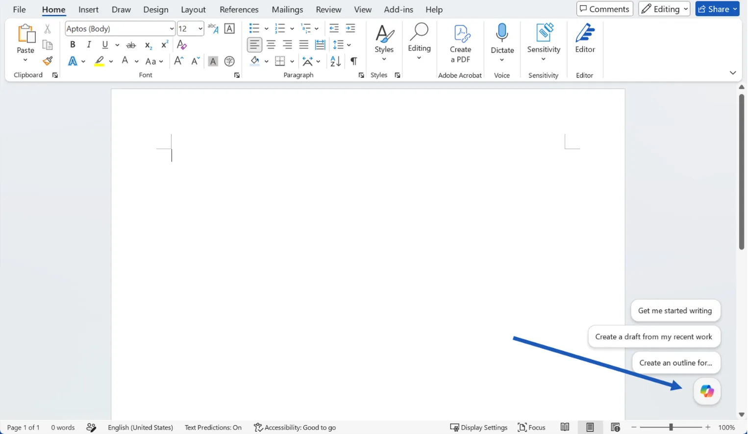 De Copilot-knop rechtsonder in een leeg Word-document, met drie voorgestelde startopdrachten