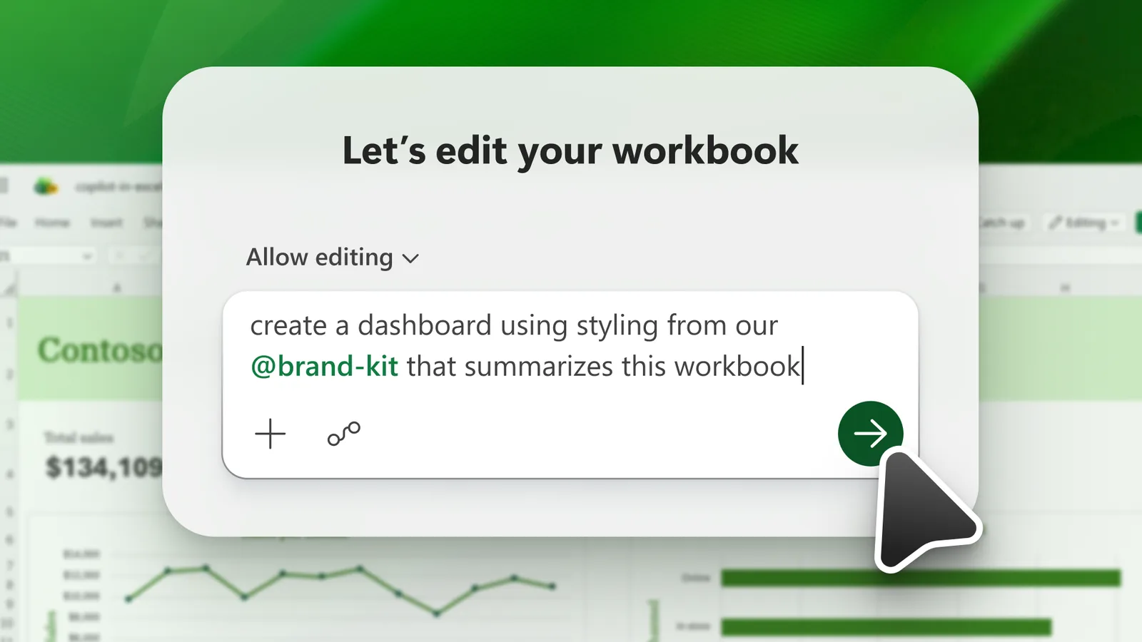 Copilot in Excel met de stand Allow editing en een opdracht om een dashboard te maken
