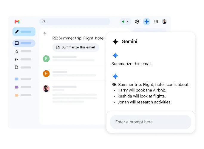Het Gemini-zijpaneel in Gmail met een samenvatting van een mailgesprek over een zomerreis