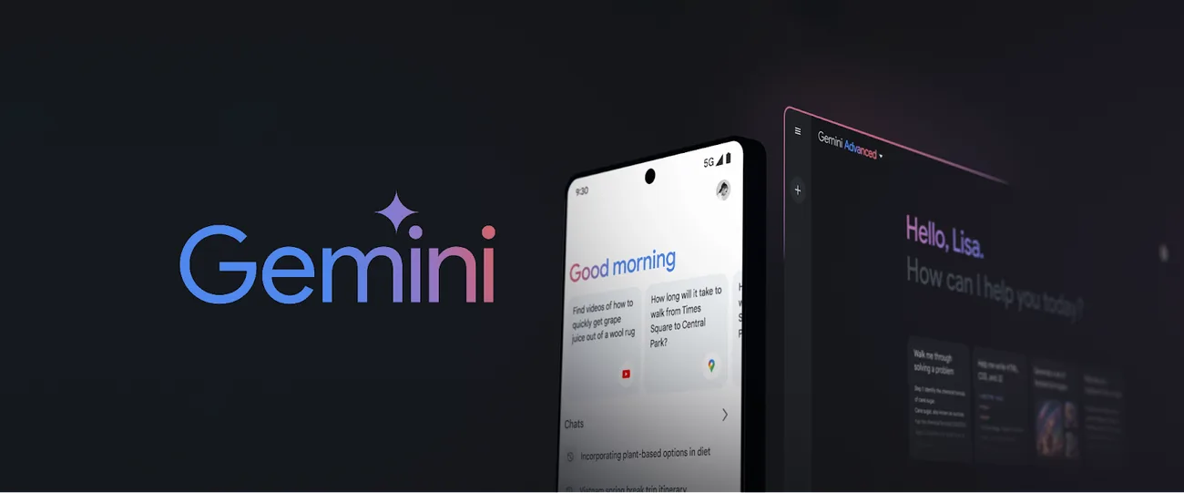 De Gemini-app op een telefoon naast de webversie van Gemini