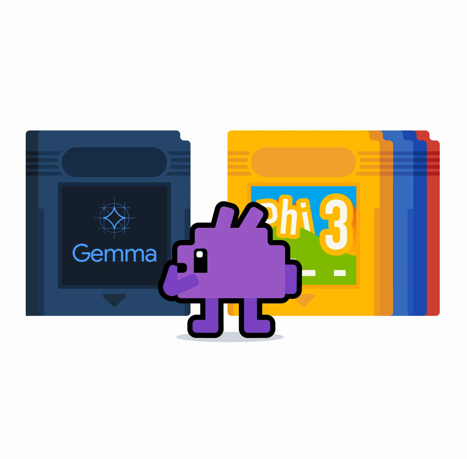 Illustratie van LM Studio met de mascotte tussen modelcartridges, onder meer van Gemma en Phi