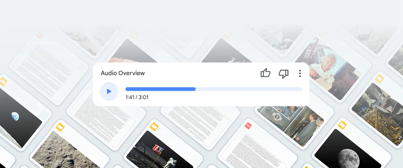 De speler van een Audio Overview in NotebookLM, met bronnen op de achtergrond