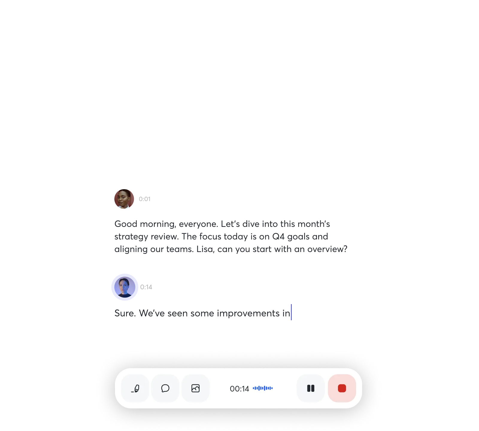 Live transcriptie in Otter.ai met sprekers, tijdcodes en opnameknoppen