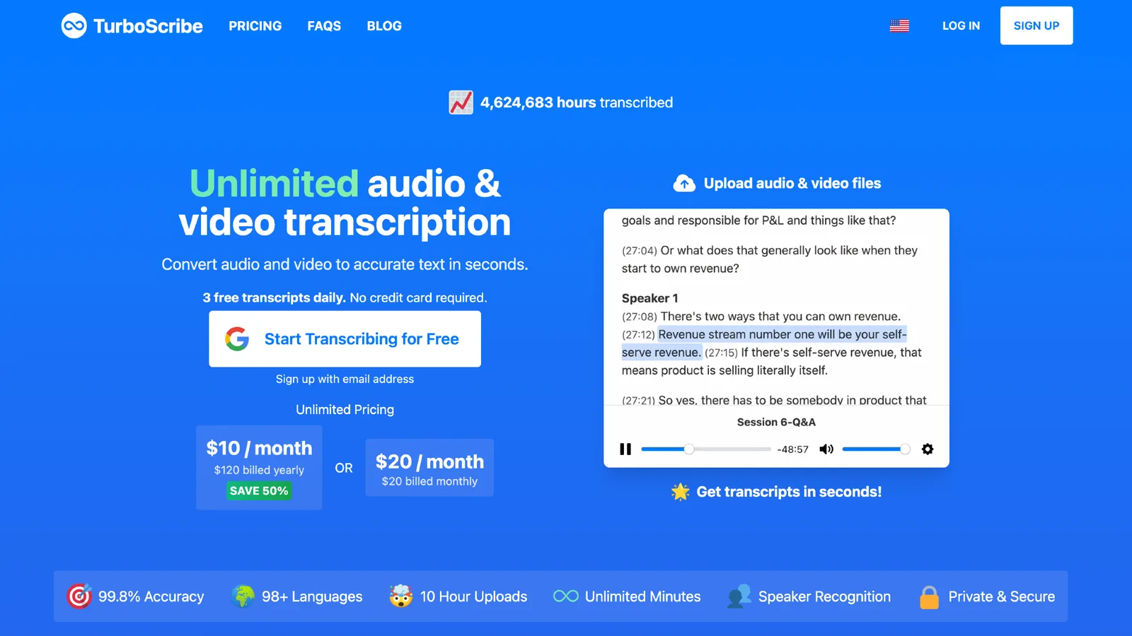 Startpagina van TurboScribe met een transcript waarin sprekers zijn gelabeld, naast de prijzen van het Onbeperkt-plan