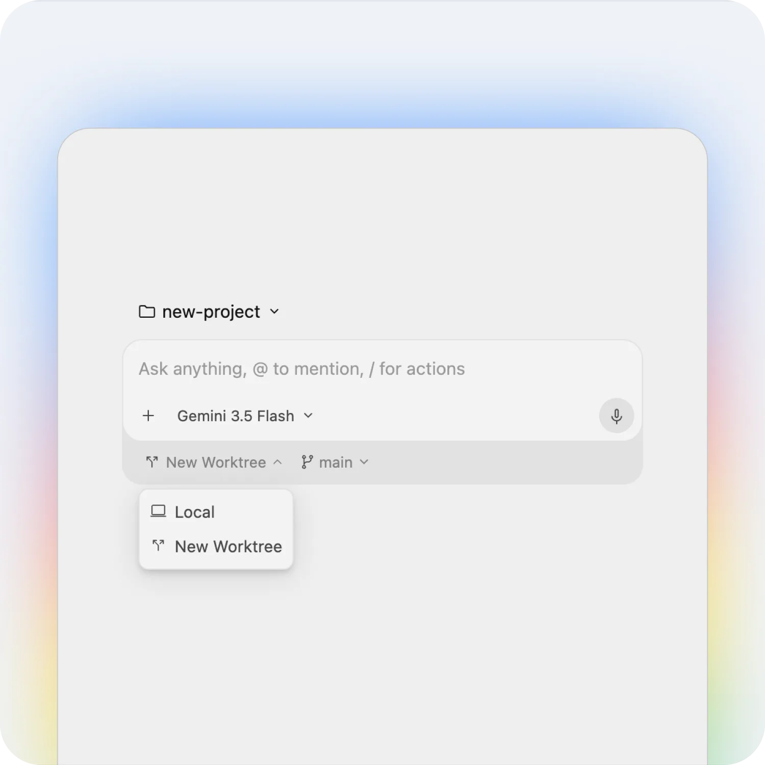 De invoerbalk van de Antigravity-app met de keuze voor een lokale map of een nieuwe worktree